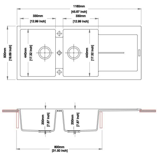 CARYSIL TOP MOUNT DOUBLE BOWL SINK WHITE GRANITE 1160MM