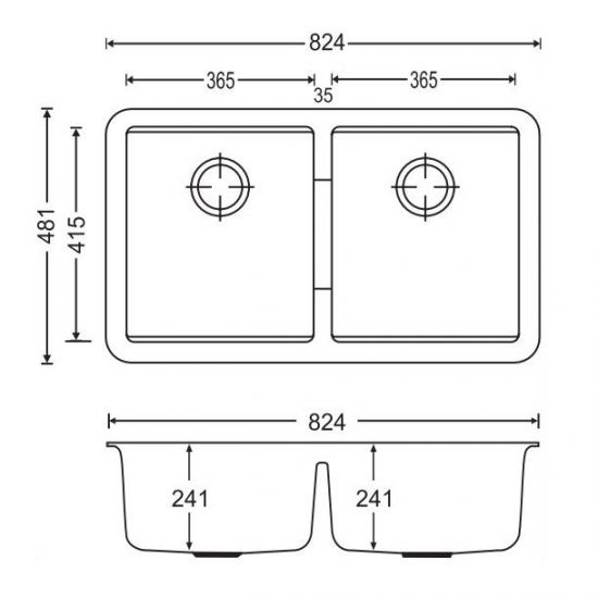 CARYSIL DOUBLE BOWL GRANITE KITCHEN SINK BLACK 824MM