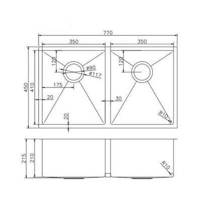 AQUAPERLA T304 HANDMADE DOUBLE BOWL HANDMADE SINK GUN METAL GREY 770MM