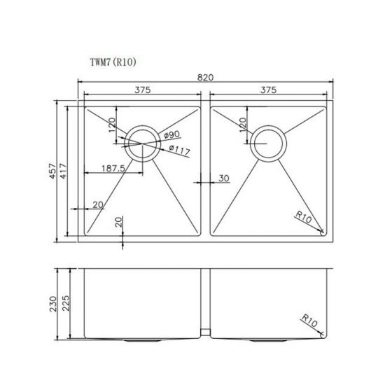 AQUAPERLA T304 HANDMADE DOUBLE BOWL SINK STAINLESS STEEL 820MM