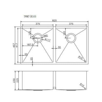 AQUAPERLA T304 HANDMADE DOUBLE BOWL SINK STAINLESS STEEL 820MM