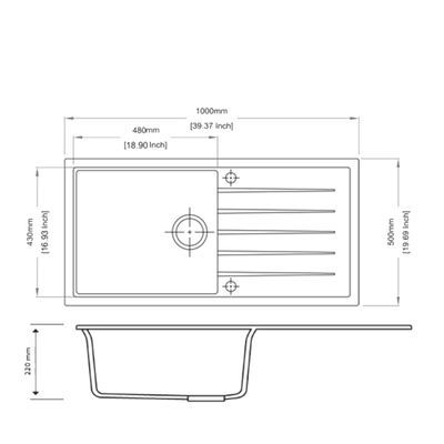 AQUAPERLA CARYSIL SINGLE BOWL WITH DRAINER BOARD GRANITE KITCHEN SINK BLACK 1000MM