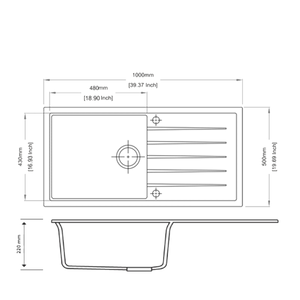 AQUAPERLA SINGLE BOWL WITH DRAINER BOARD GRANITE KITCHEN SINK CONCRETE GREY 1000MM