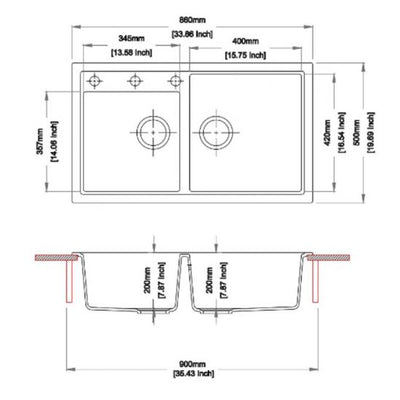 AQUAPERLA CARYSIL DOUBLE BOWL GRANITE KITCHEN SINK CONCRETE GREY 860MM