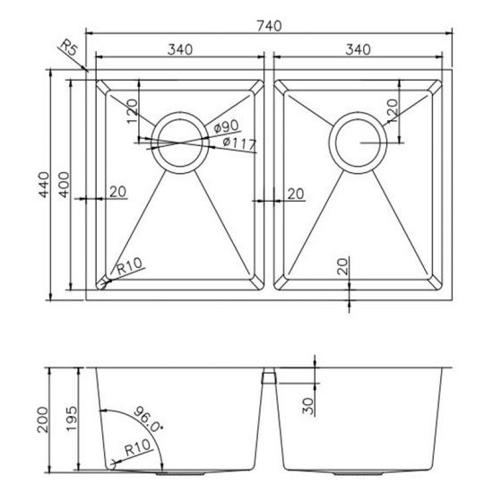 AQUAPERLA T304 HANDMADE DOUBLE BOWL KITCHEN SINK STAINLESS STEEL 740MM