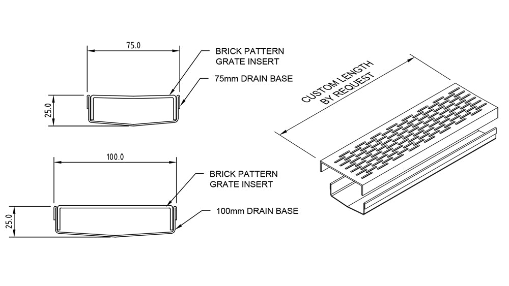 GRATES2GO BRICK PATTERN GRATE AND CHANNEL STAINLESS STEEL 1000MM (CUSTOM AVAILABLE)