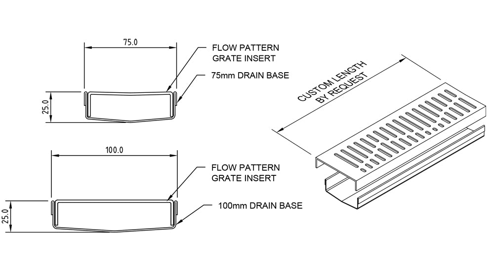 GRATES2GO FLOW PATTERN GRATE AND CHANNEL STAINLESS STEEL 1000MM (CUSTOM AVAILABLE)