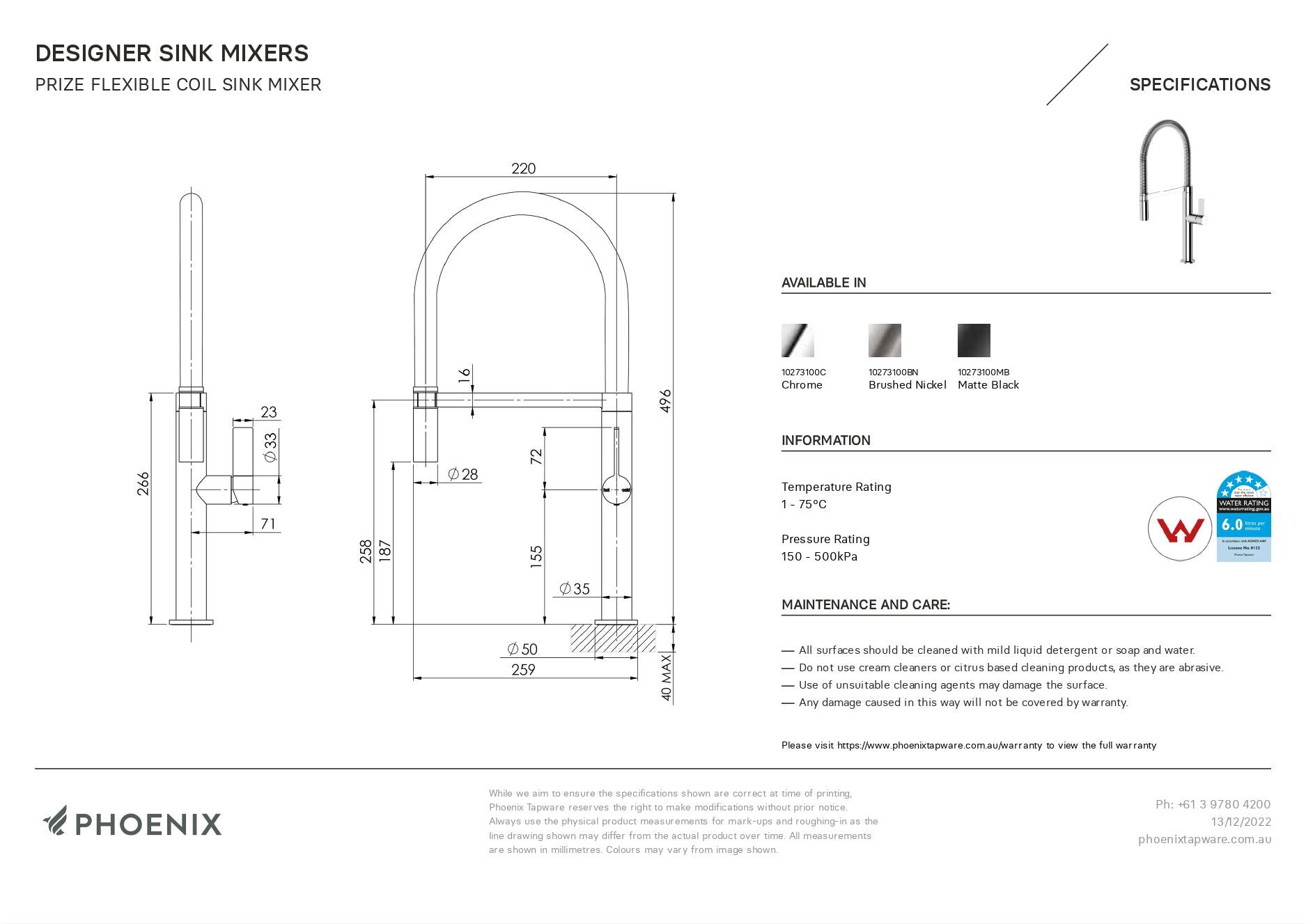 PHOENIX PRIZE FLEXIBLE COIL SINK MIXER 496MM MATTE BLACK