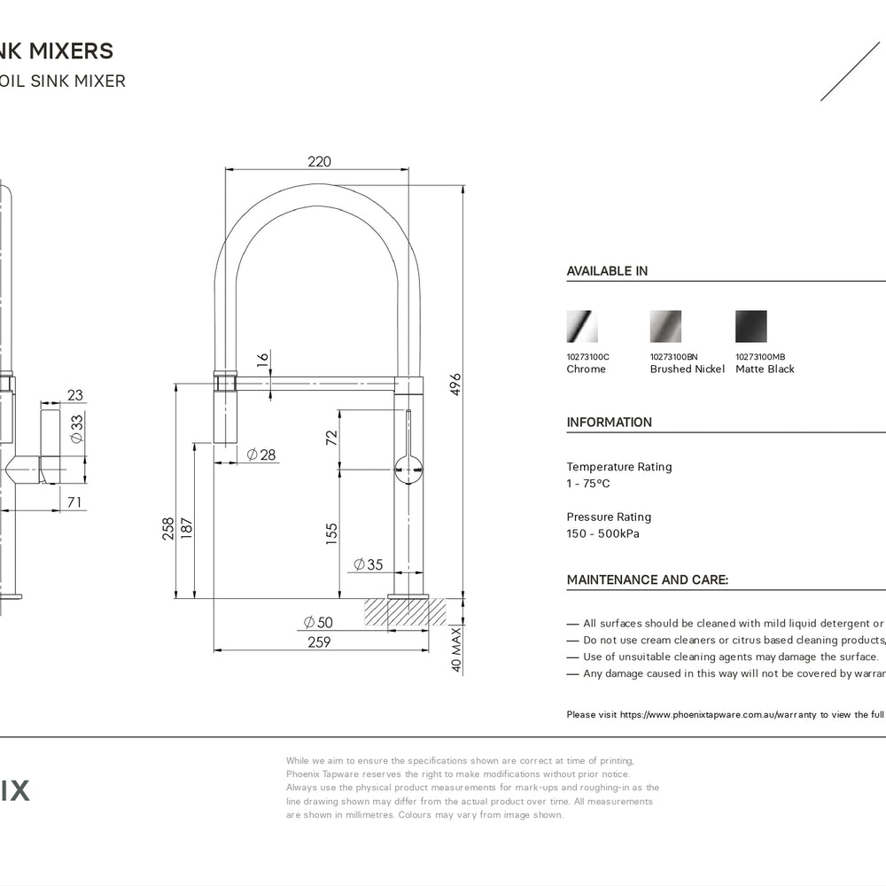 PHOENIX PRIZE LEAD FREE FLEXIBLE COIL SINK MIXER 496MM CHROME