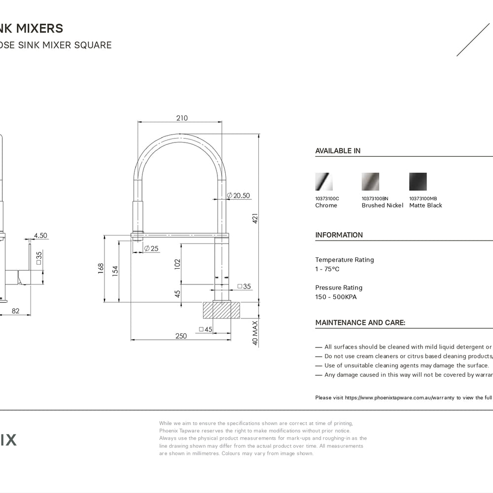 PHOENIX VEZZ FLEXIBLE HOSE LEAD FREE SINK MIXER 421MM CHROME