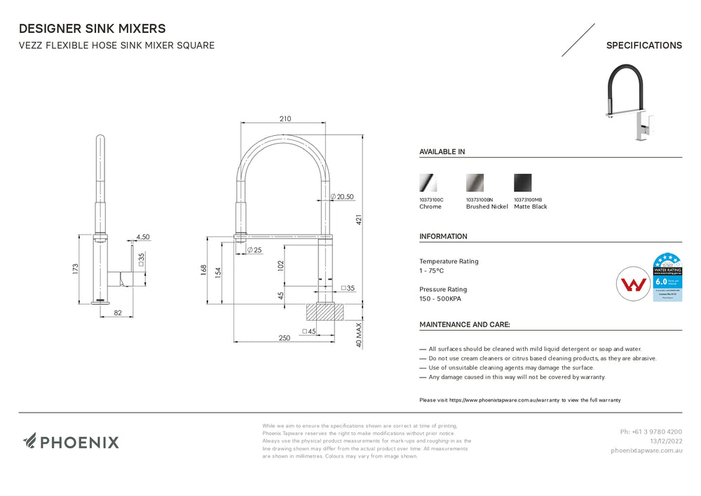 PHOENIX VEZZ FLEXIBLE HOSE SINK MIXER 421MM MATTE BLACK