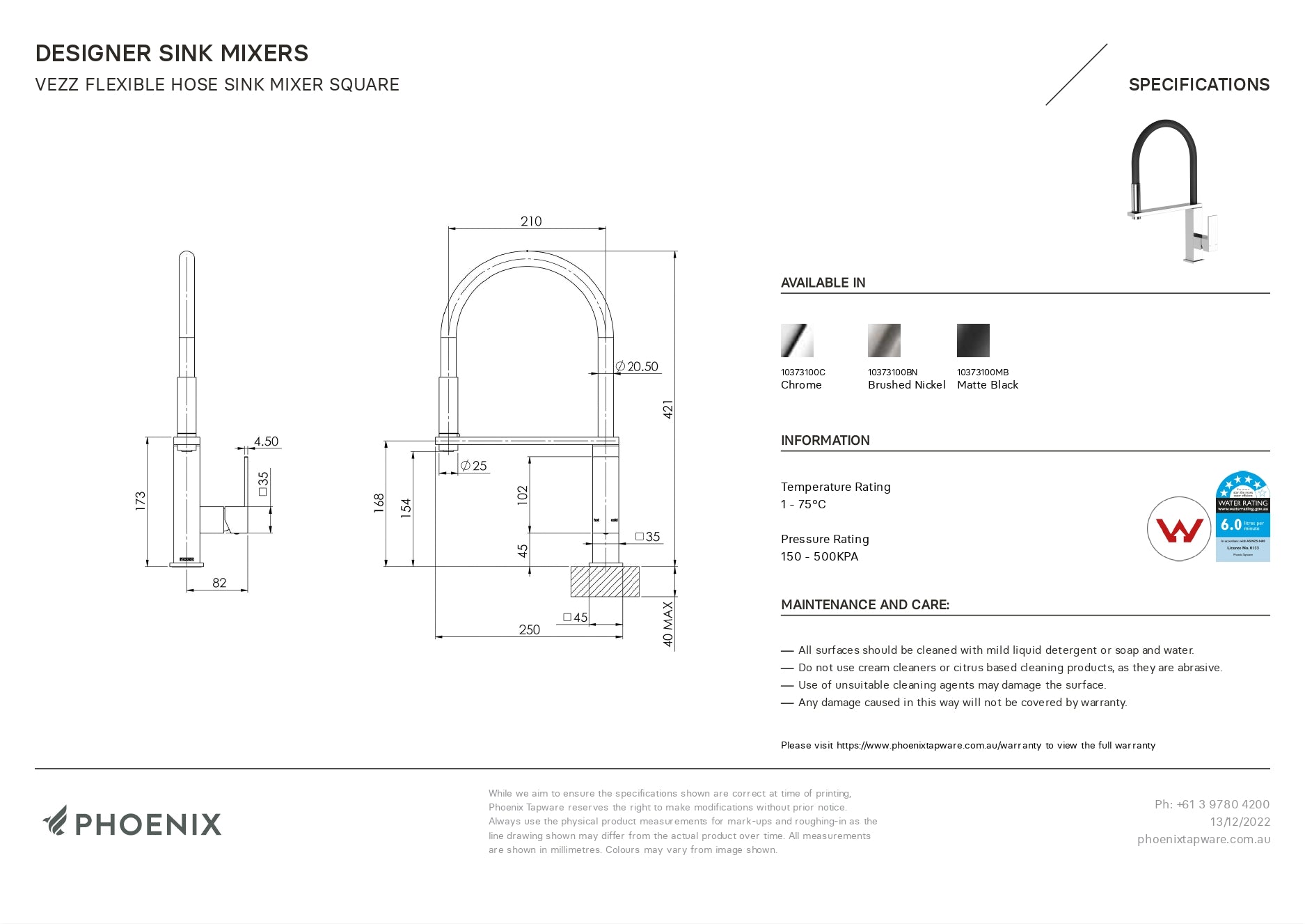 PHOENIX VEZZ LEAD FREE FLEXIBLE HOSE SINK MIXER 421MM MATTE BLACK