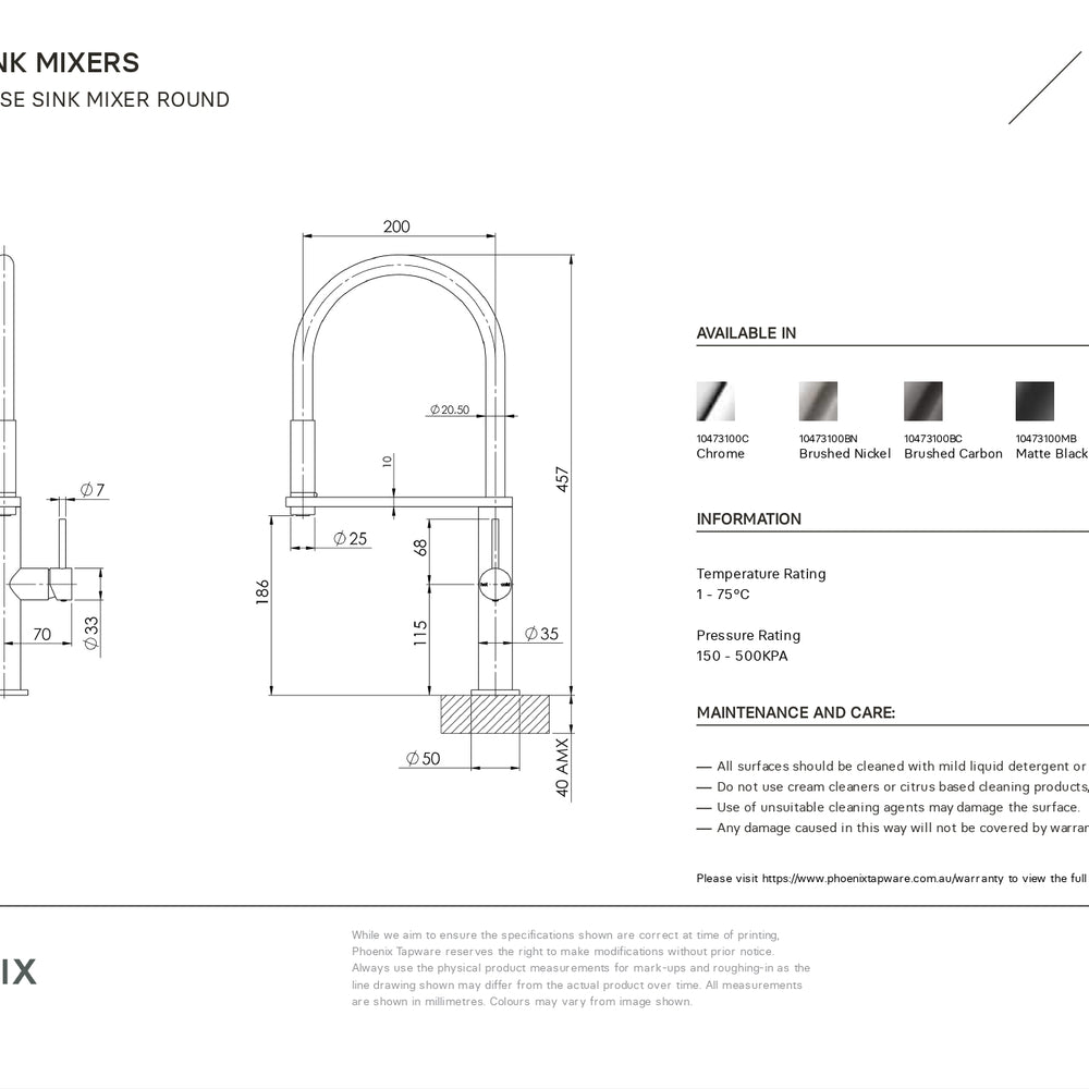 PHOENIX BLIX LEAD FREE FLEXIBLE HOSE SINK MIXER 447MM CHROME
