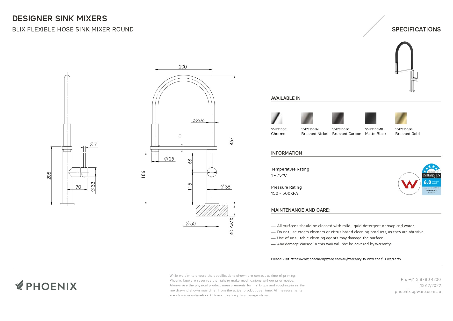 PHOENIX BLIX LEAD FREE FLEXIBLE HOSE SINK MIXER 447MM CHROME