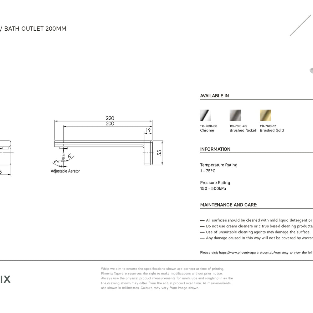 PHOENIX ALIA WALL BASIN BATH OUTLET 200MM BRUSHED NICKEL