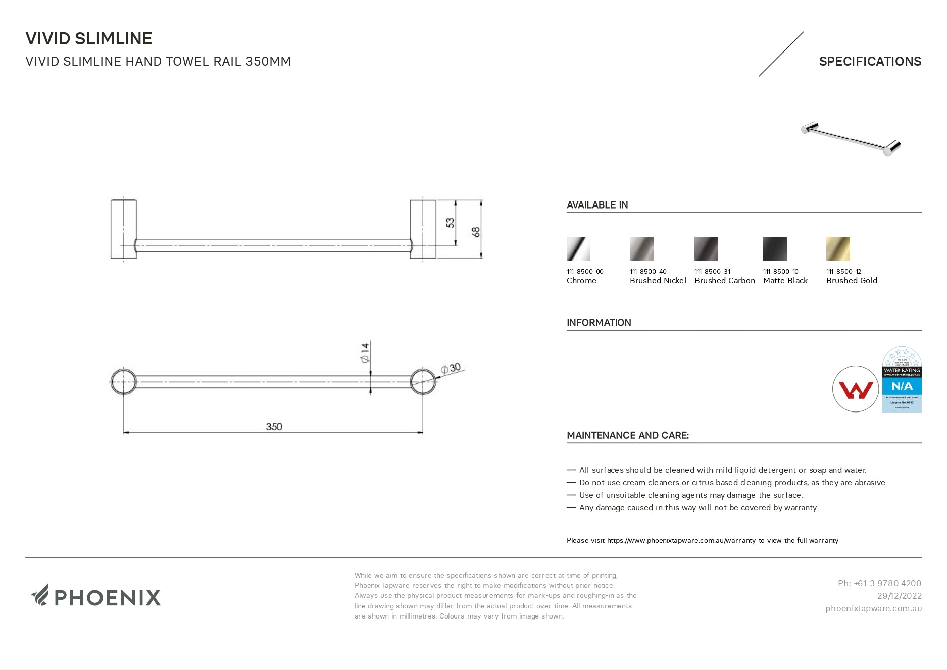 PHOENIX VIVID SLIMLINE NON-HEATED HAND TOWEL RAIL MATTE BLACK 350MM
