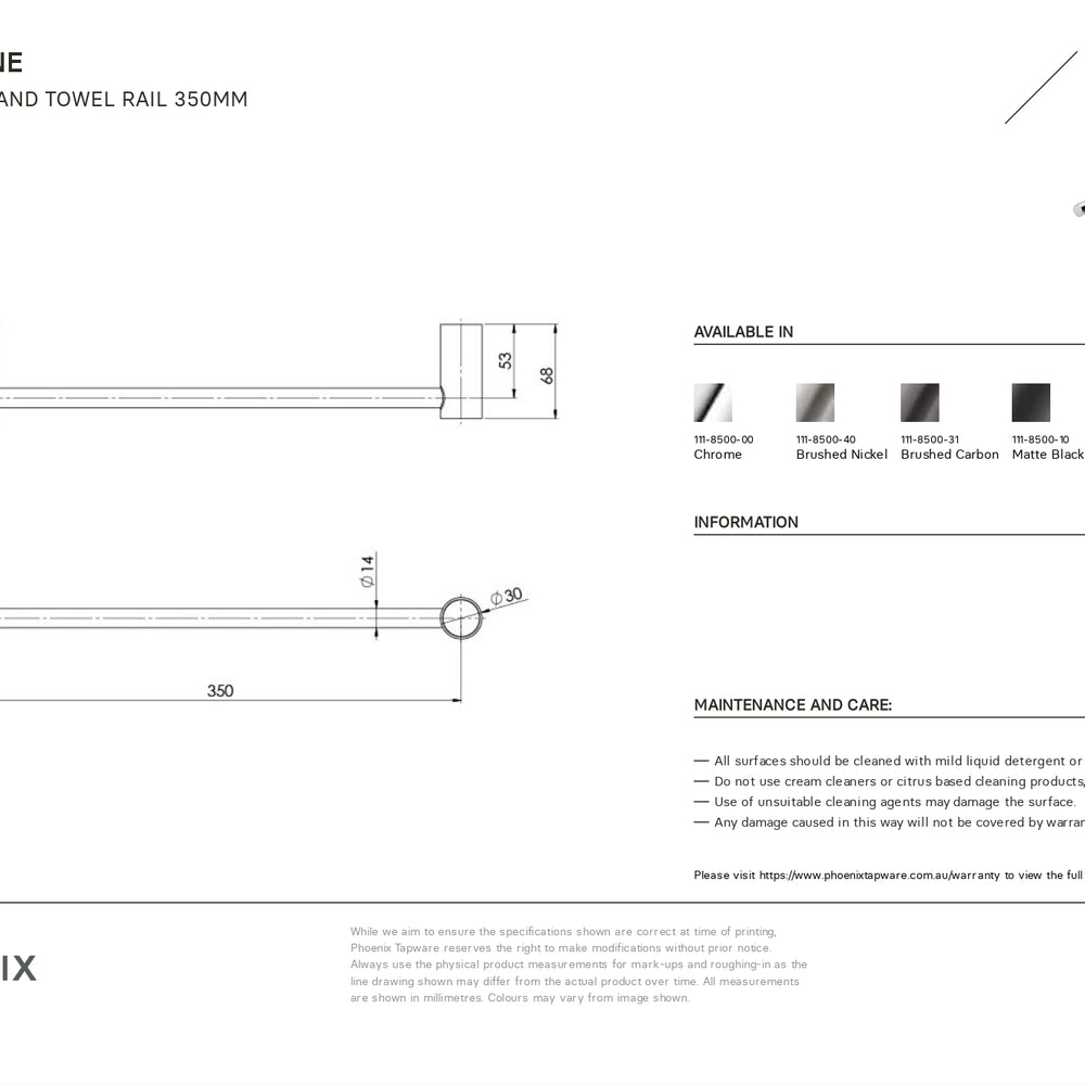 PHOENIX VIVID SLIMLINE NON-HEATED HAND TOWEL RAIL BRUSHED NICKEL 350MM