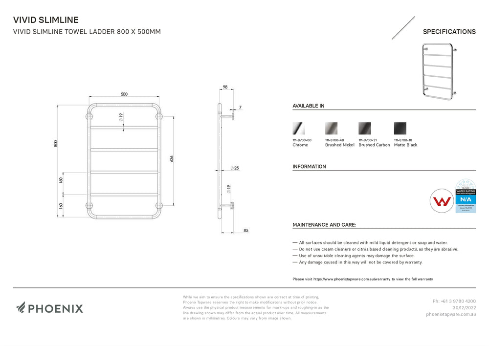 PHOENIX VIVID SLIMLINE NON-HEATED TOWEL LADDER MATTE BLACK 500MM