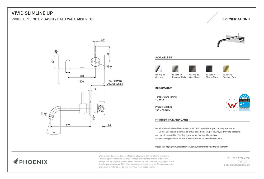 PHOENIX VIVID SLIMLINE UP BASIN BATH WALL MIXER SET MATTE BLACK