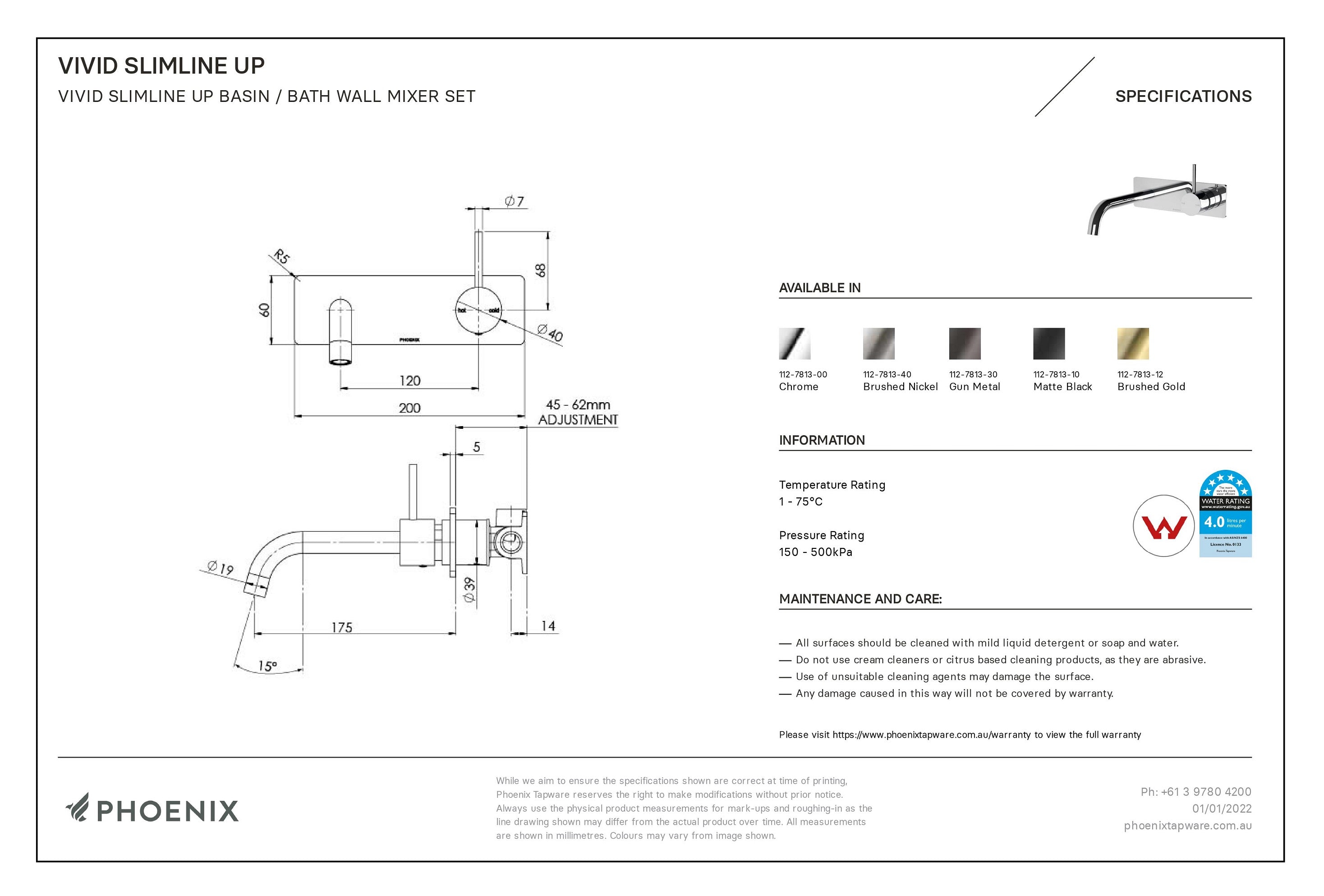 PHOENIX VIVID SLIMLINE UP BASIN BATH WALL MIXER SET MATTE BLACK