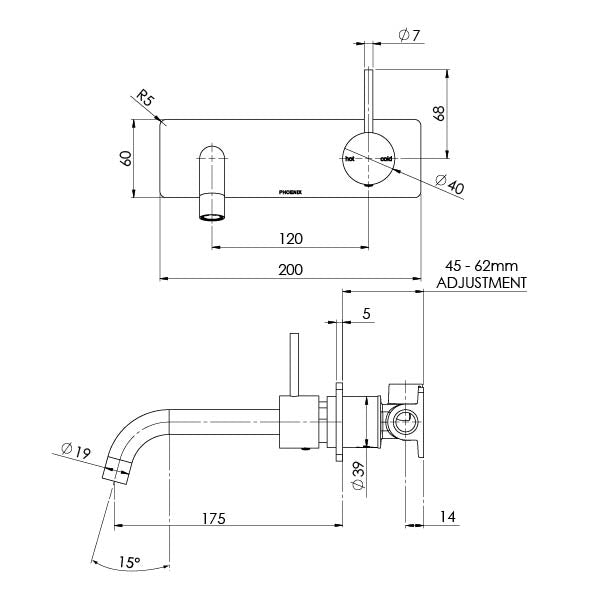 PHOENIX VIVID SLIMLINE LEAD FREE BASIN / BATH WALL MIXER SET 200MM BRUSHED NICKEL