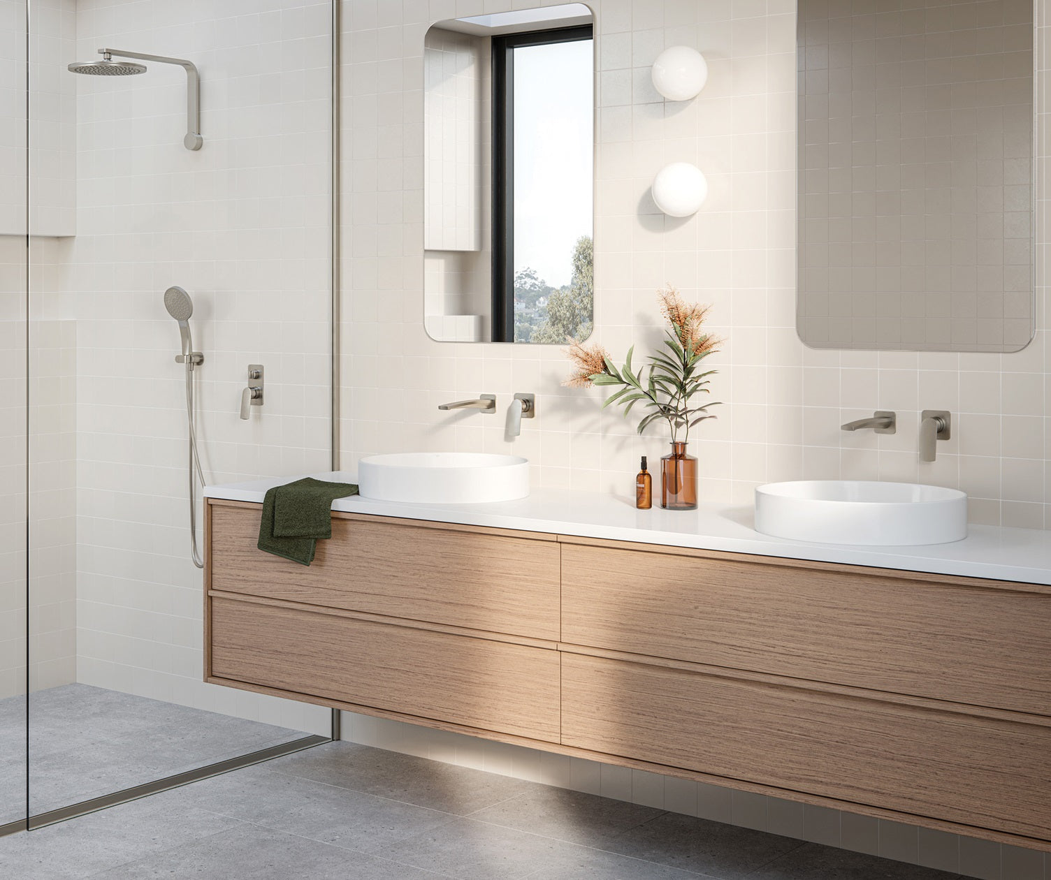 PHOENIX MEKKO LEAD FREE WALL BASIN OUTLET 200MM BRUSHED NICKEL