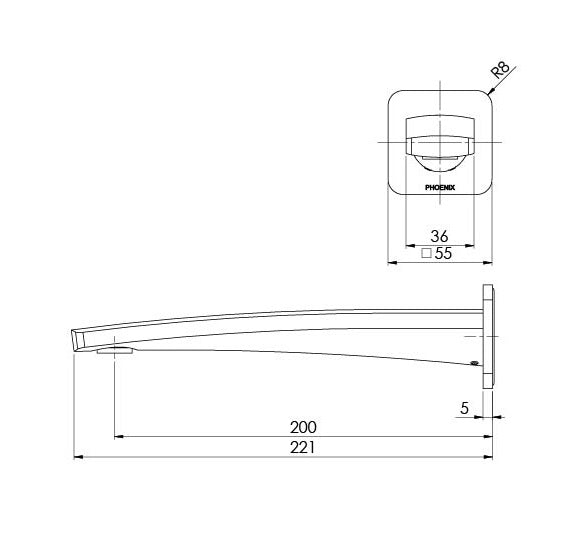 PHOENIX MEKKO LEAD FREE WALL BASIN OUTLET 200MM BRUSHED NICKEL