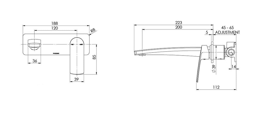 PHOENIX MEKKO WALL BASIN BATH MIXER SET 200MM BRUSHED NICKEL