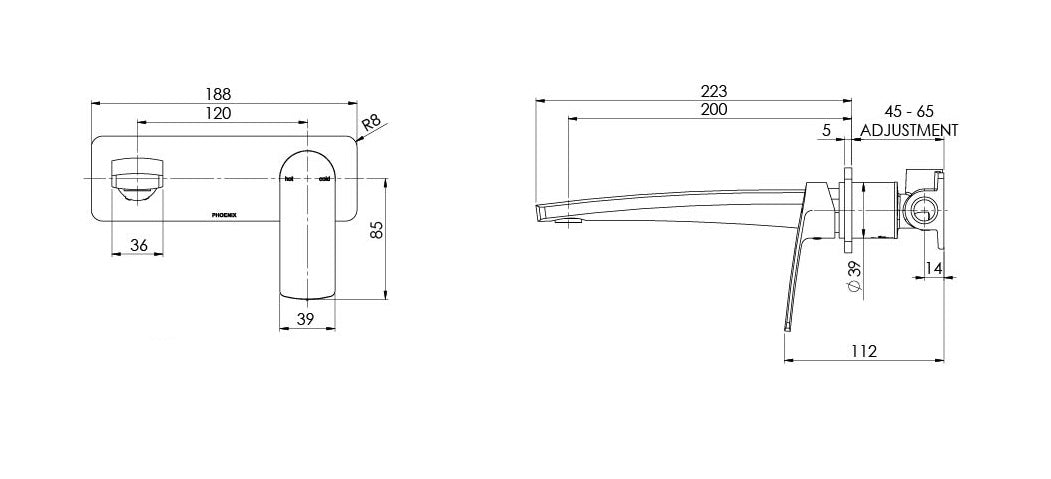 PHOENIX MEKKO WALL BASIN BATH MIXER SET 200MM BRUSHED NICKEL
