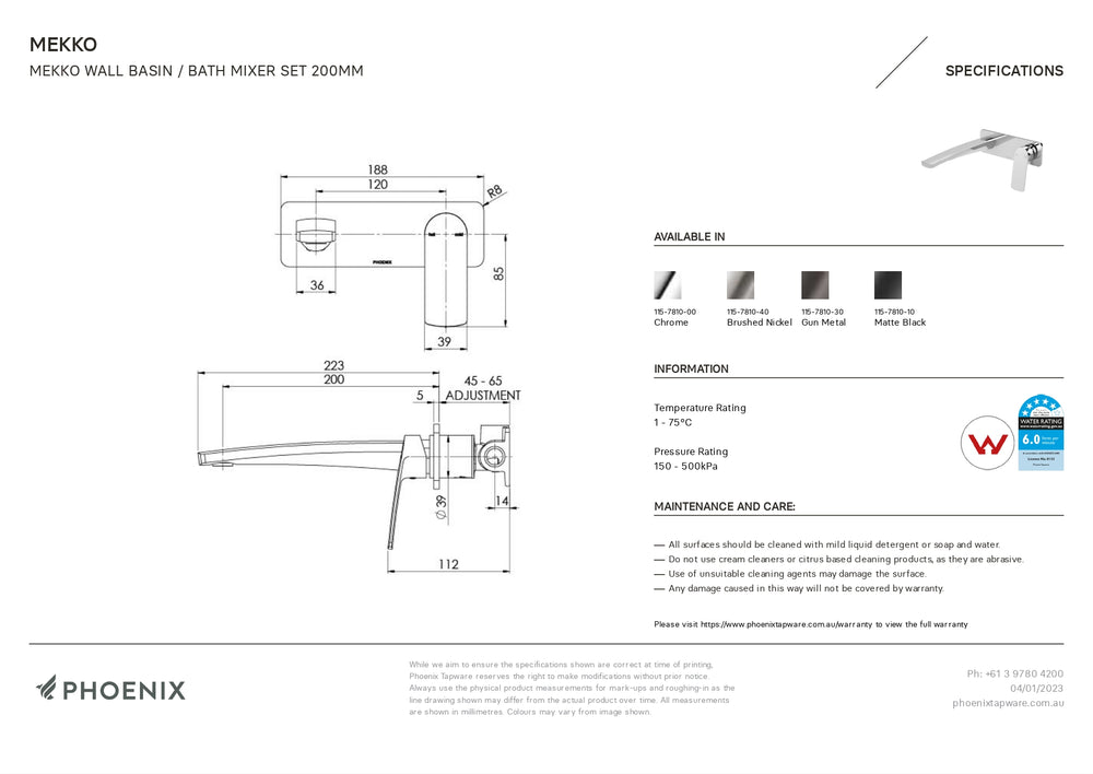 PHOENIX MEKKO WALL BASIN BATH MIXER SET 200MM BRUSHED NICKEL