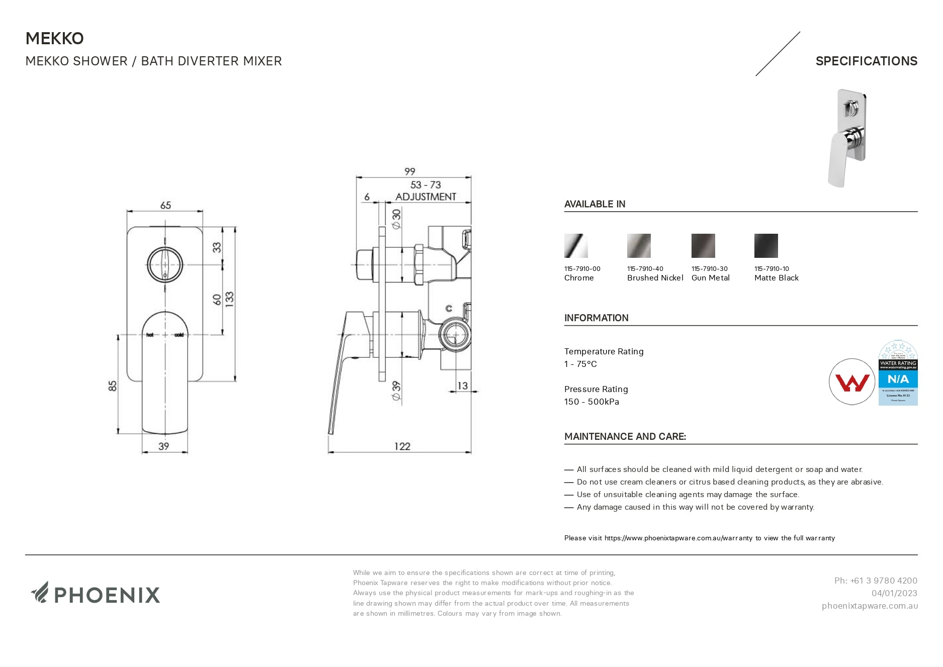 PHOENIX MEKKO SHOWER / BATH DIVERTER MIXER 133MM MATTE BLACK