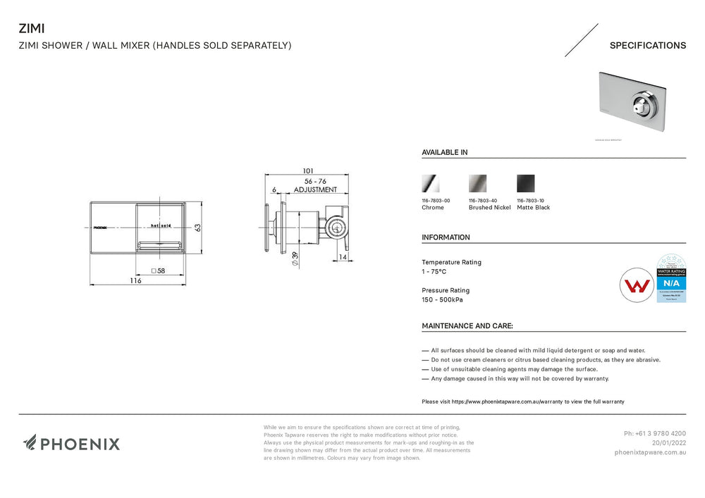 PHOENIX ZIMI SHOWER / WALL MIXER 116MM MATTE BLACK
