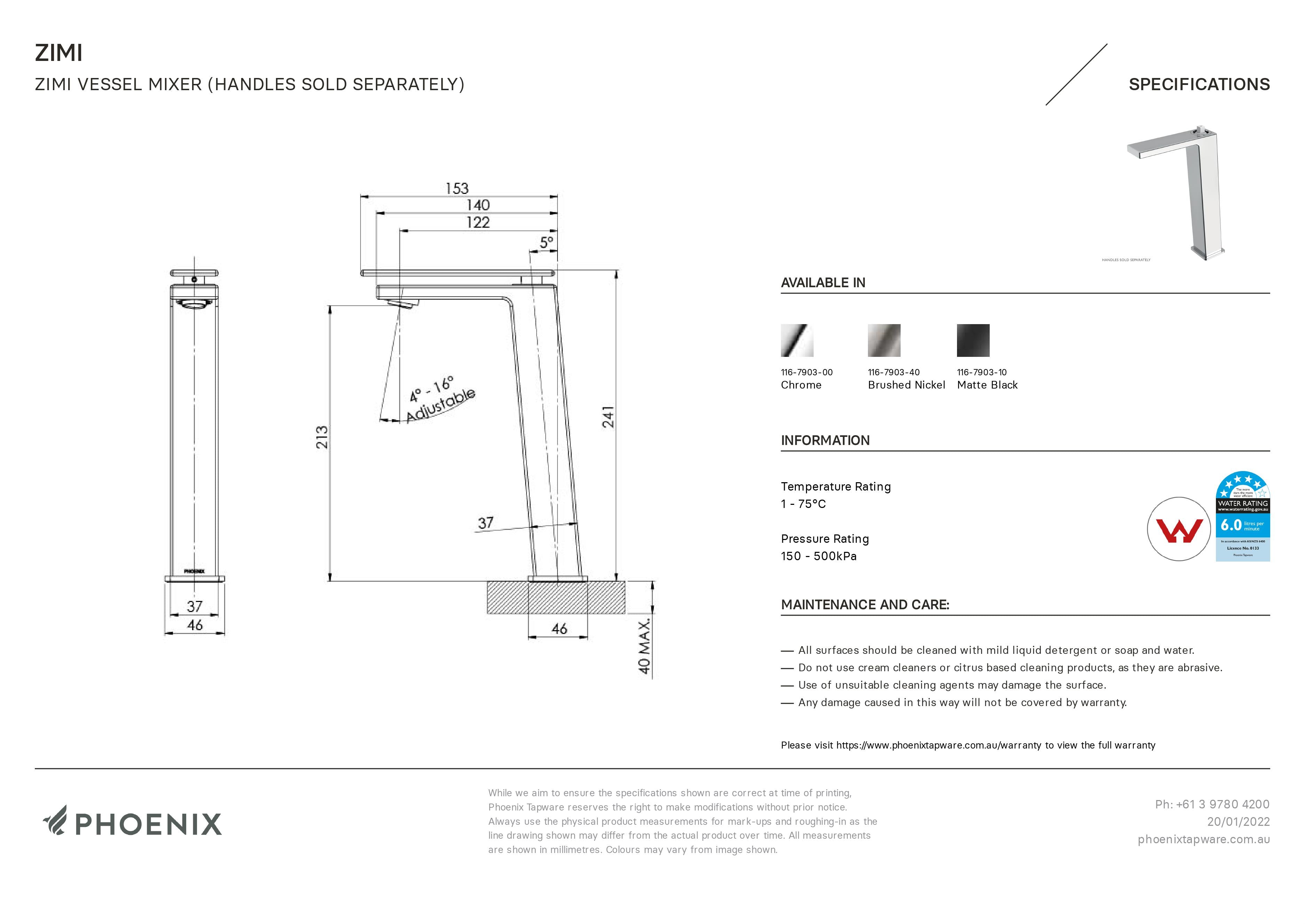 PHOENIX ZIMI VESSEL MIXER 241MM BRUSHED NICKEL