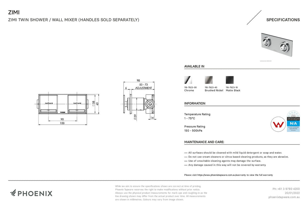 PHOENIX ZIMI TWIN SHOWER / WALL MIXER 153MM BRUSHED NICKEL