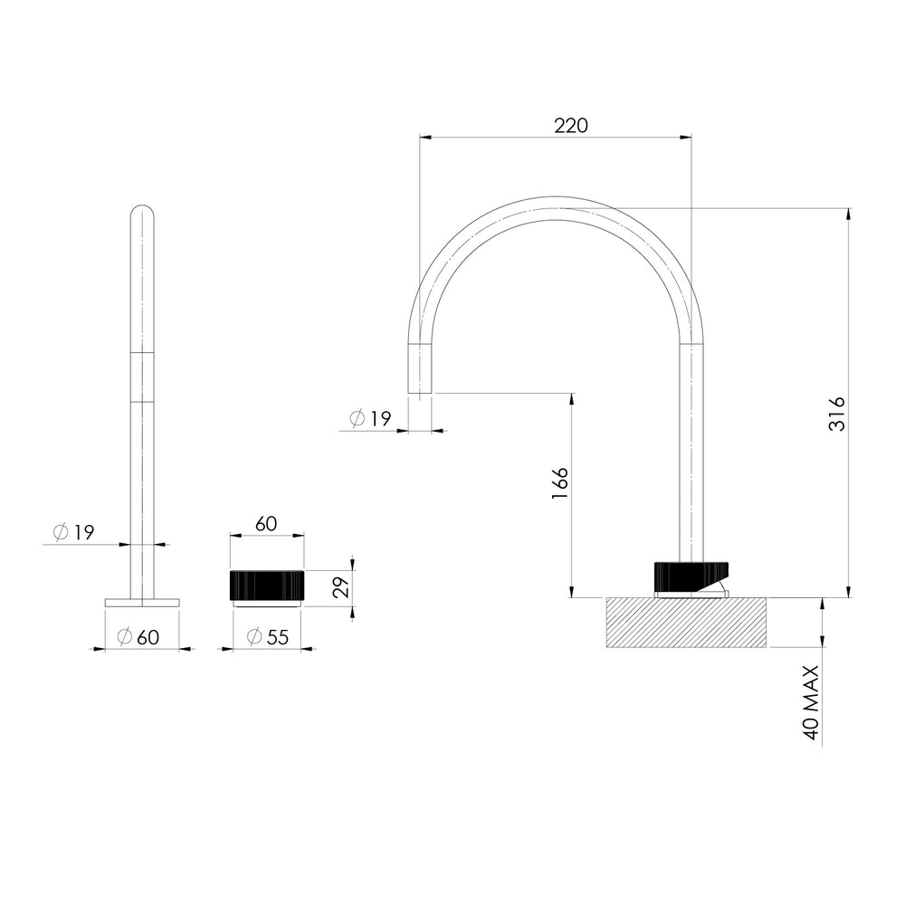 PHOENIX AXIA HOB GOOSENECK SINK MIXER SET 316MM MATTE BLACK