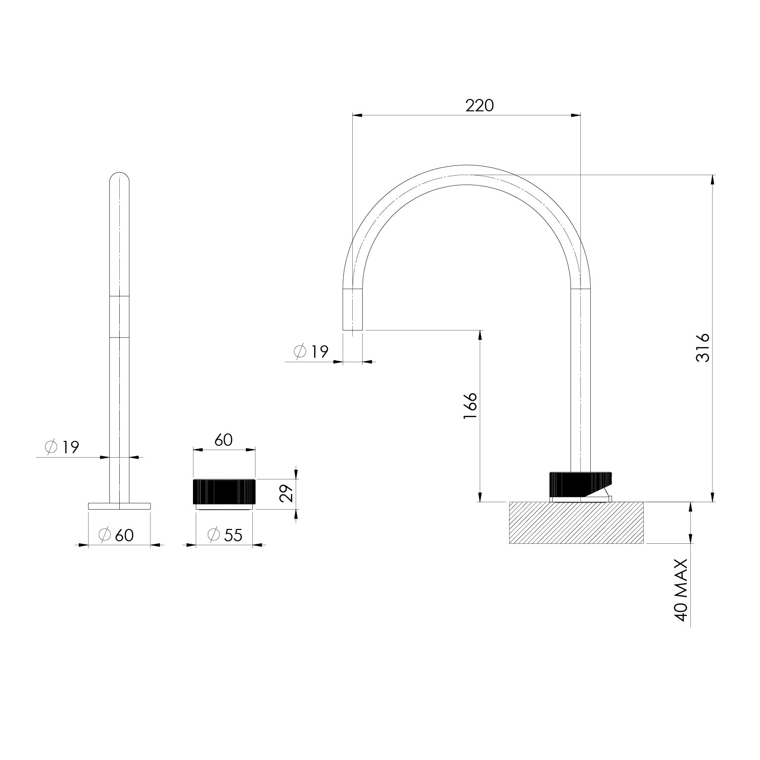 PHOENIX AXIA HOB GOOSENECK SINK MIXER SET 316MM MATTE BLACK