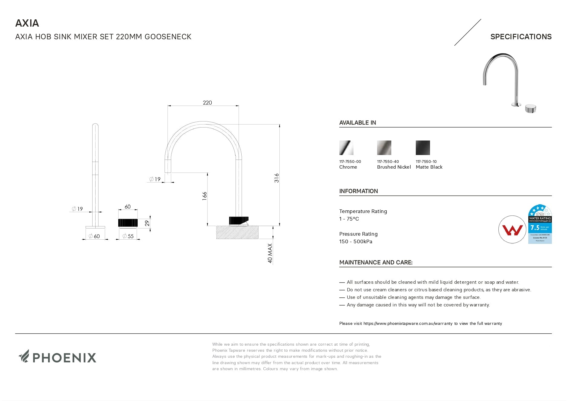 PHOENIX AXIA HOB SINK MIXER SET 316MM GOOSENECK CHROME