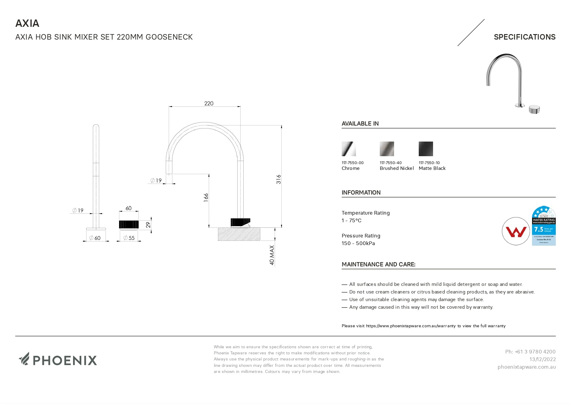 PHOENIX AXIA HOB GOOSENECK SINK MIXER SET 316MM MATTE BLACK