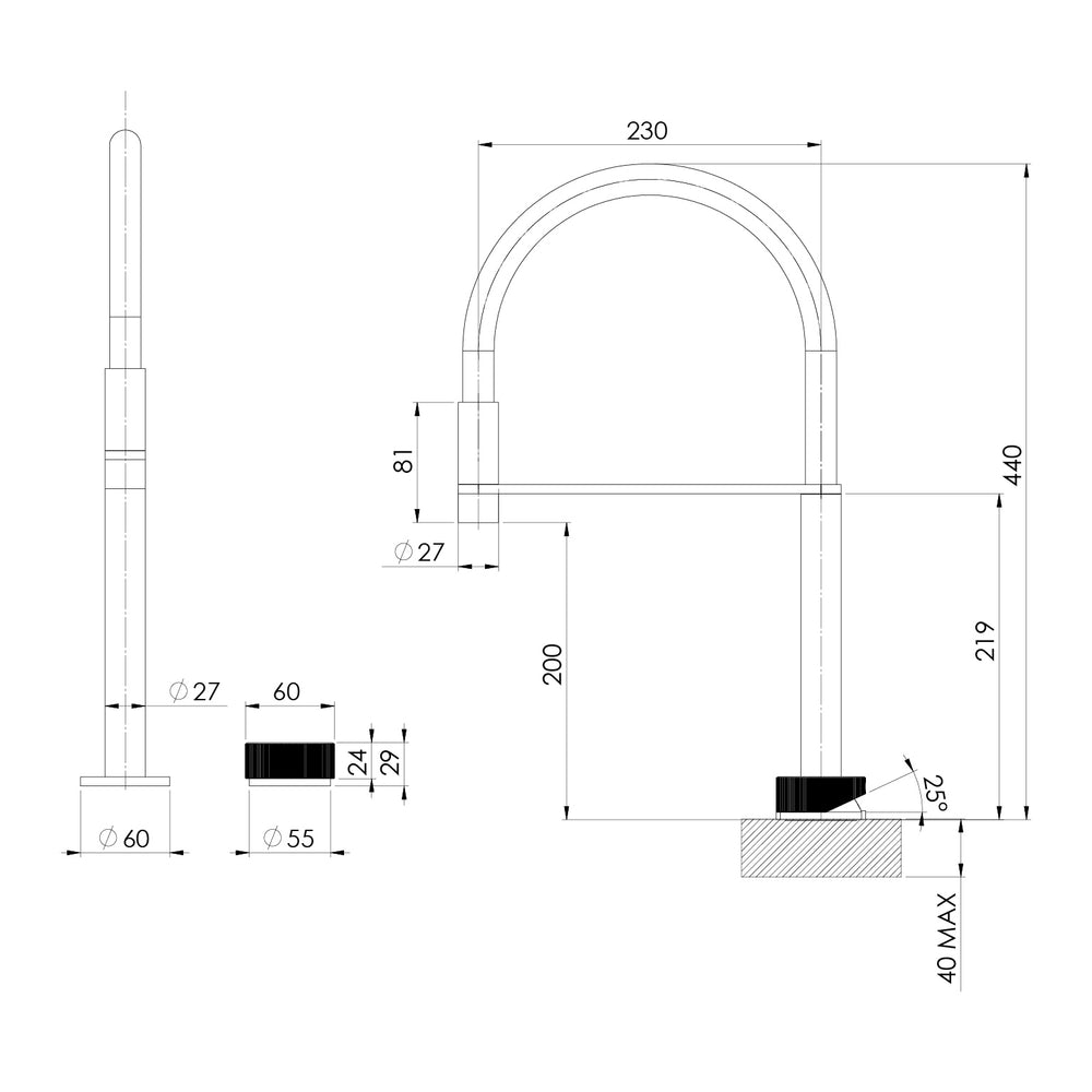 PHOENIX AXIA HOB SINK MIXER SET FLEXIBLE HOSE 440MM MATTE BLACK