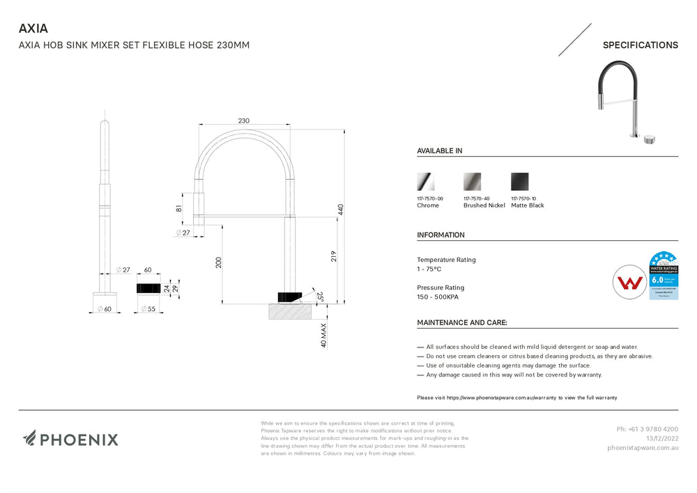 PHOENIX AXIA HOB SINK MIXER SET FLEXIBLE HOSE 440MM MATTE BLACK