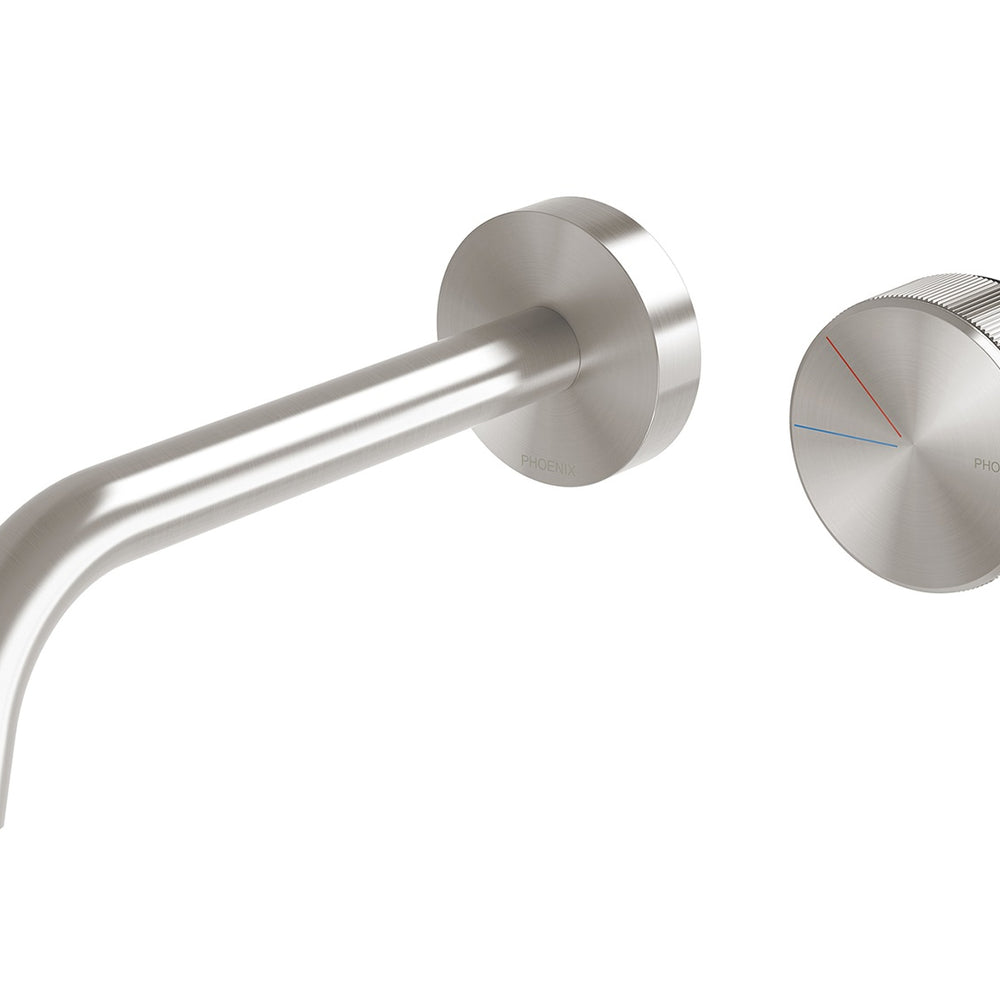 PHOENIX AXIA LEAD FREE WALL BASIN BATH CURVED OUTLET MIXER SET 180MM BRUSHED NICKEL