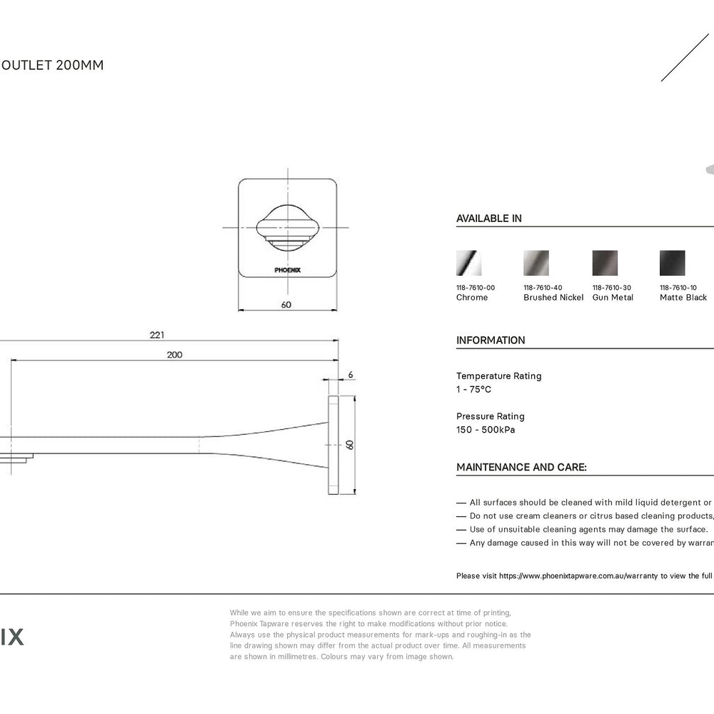 PHOENIX TEEL WALL BASIN OUTLET 200MM BRUSHED NICKEL