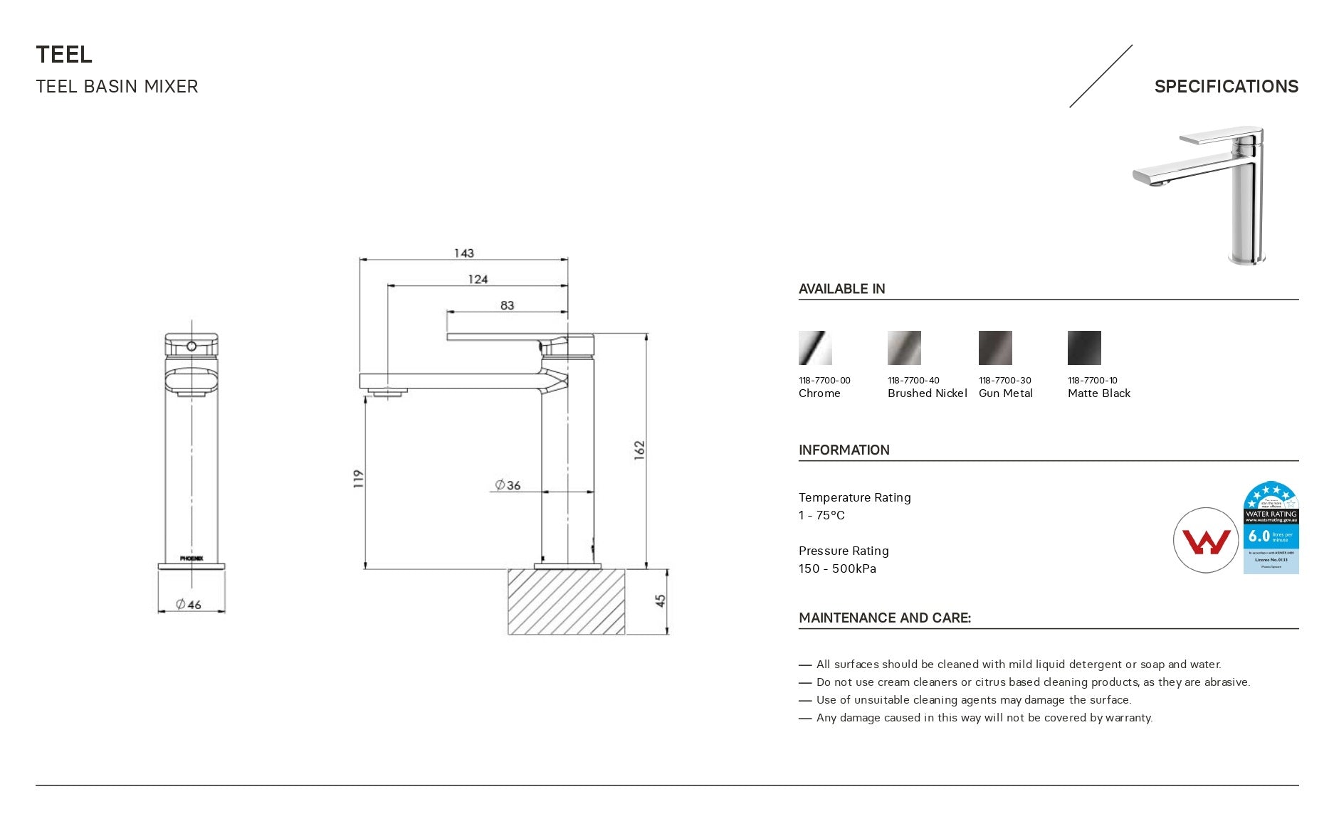 PHOENIX TEEL LEAD FREE BASIN MIXER 162MM MATTE BLACK