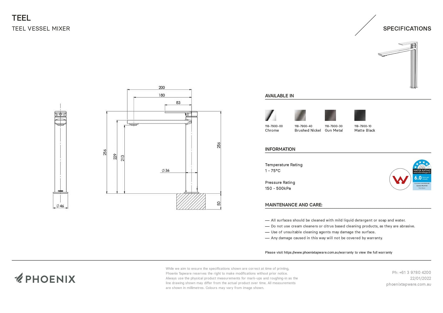 PHOENIX TEEL LEAD FREE VESSEL MIXER 256MM MATTE BLACK