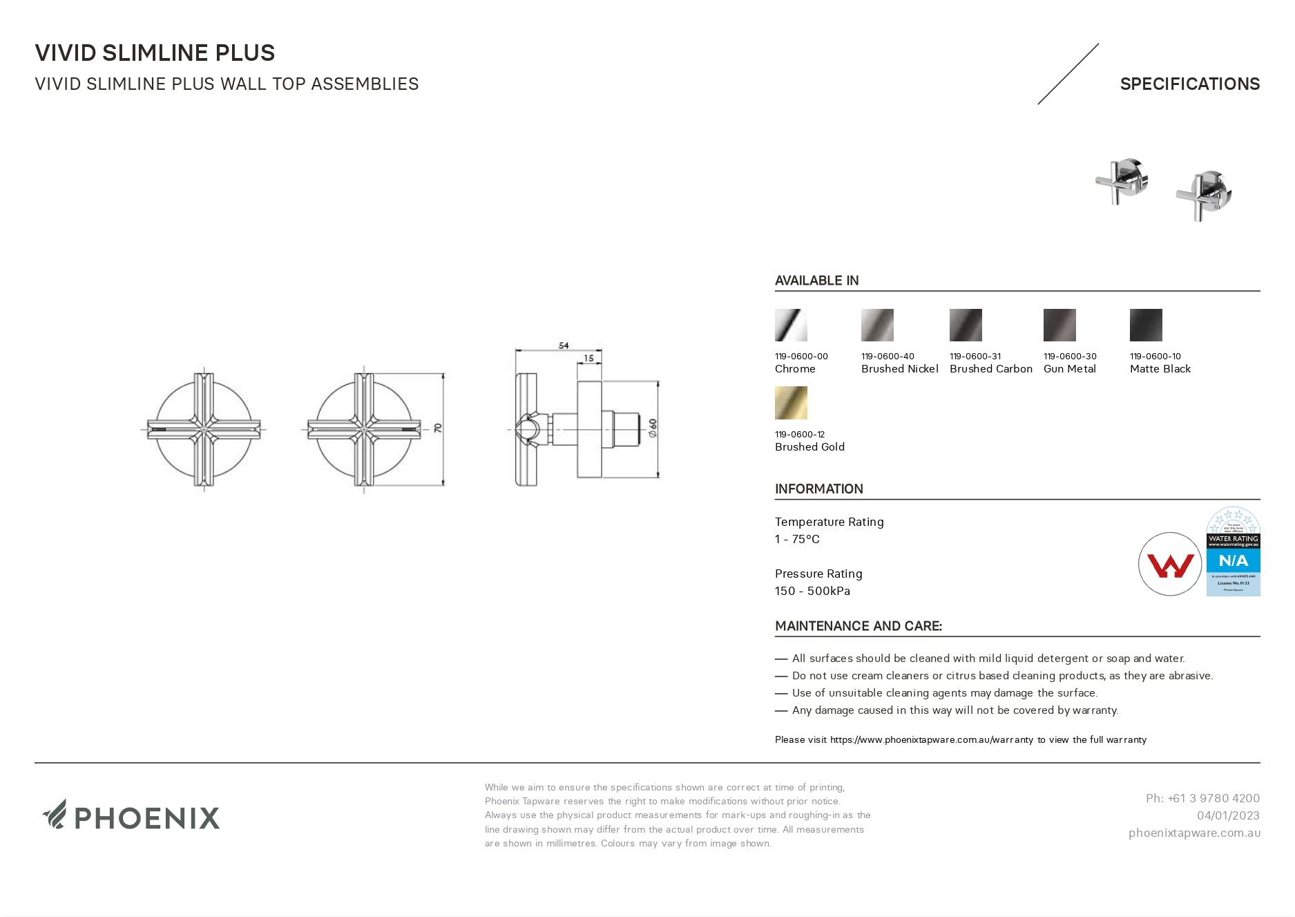 PHOENIX VIVID SLIMLINE LEAD FREE PLUS WALL TOP ASSEMBLIES BRUSHED GOLD