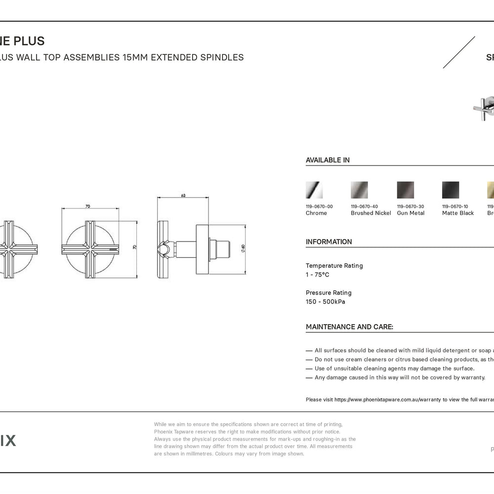 PHOENIX VIVID SLIMLINE LEAD FREE PLUS WALL TOP ASSEMBLIES EXTENDED SPINDLES BRUSHED GOLD