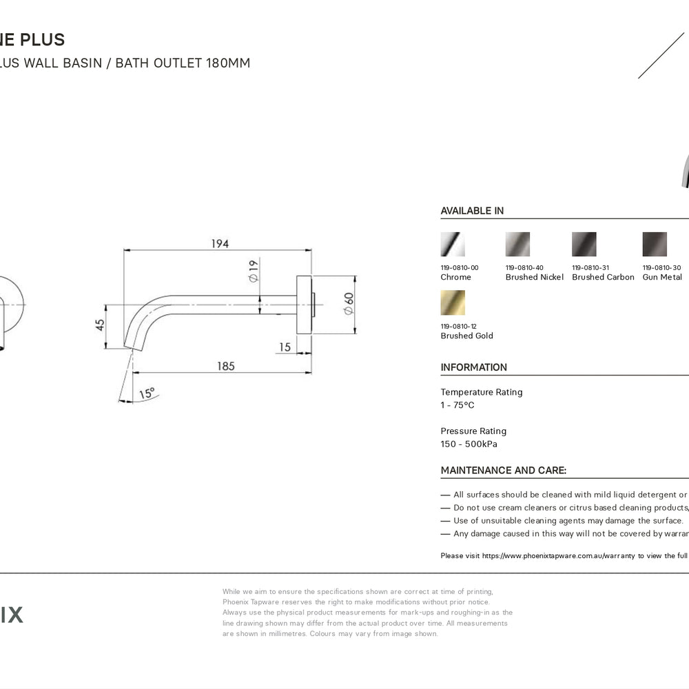 PHOENIX VIVID SLIMLINE LEAD FREE PLUS WALL BASIN / BATH OUTLET 194MM BRUSHED GOLD