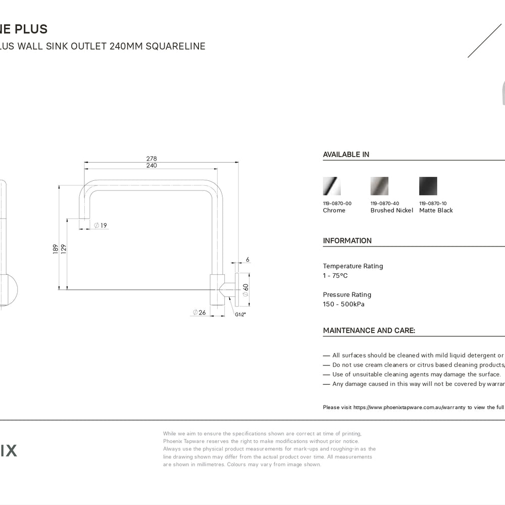 PHOENIX VIVID SLIMLINE PLUS WALL SINK OUTLET 240MM CHROME