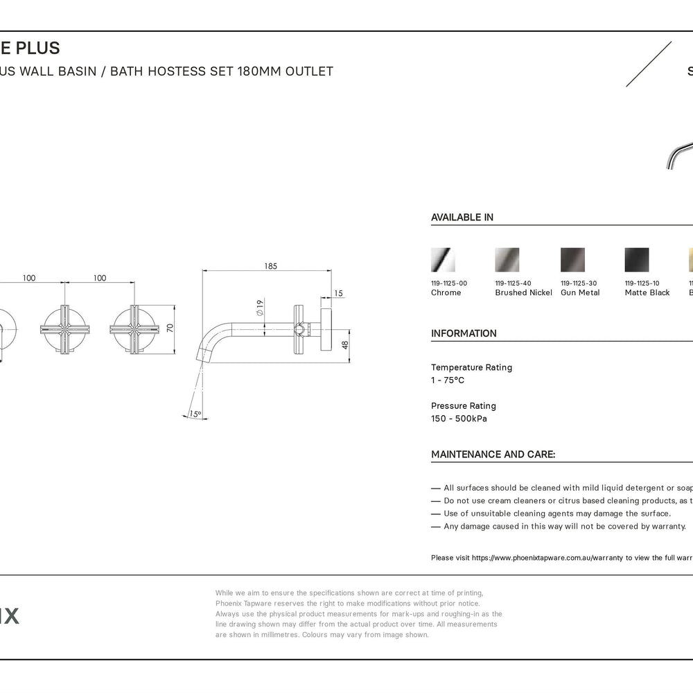 PHOENIX VIVID SLIMLINE PLUS LEAD FREE WALL BASIN / BATH HOSTESS SET 185MM BRUSHED NICKEL