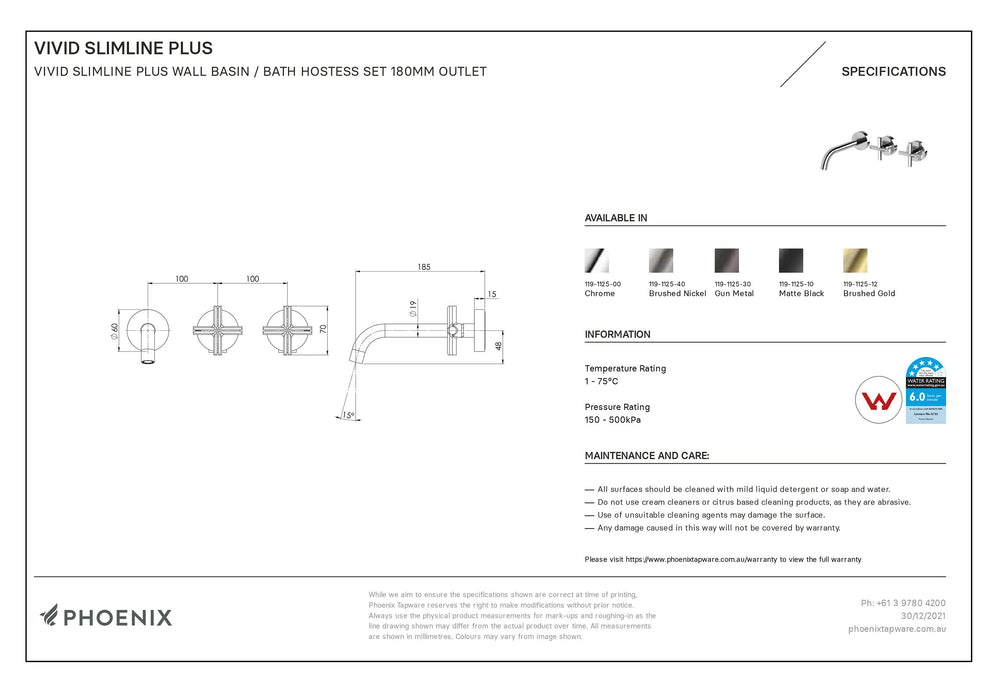 PHOENIX VIVID SLIMLINE PLUS WALL BASIN / BATH HOSTESS SET 185MM BRUSHED NICKEL